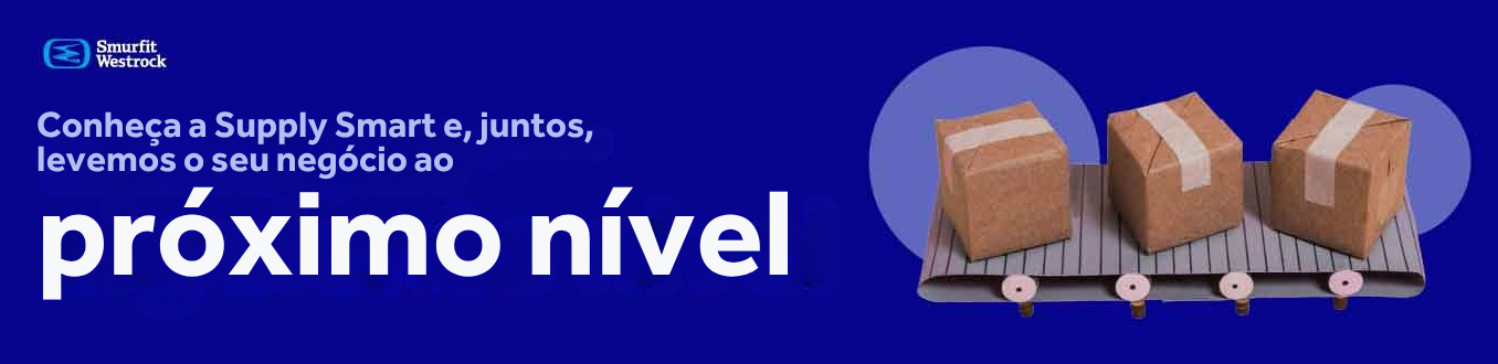 Ilustração de caixas de papel em esteira de transporte, com mensagem sobre Supply Smart e soluções para levar negócios ao próximo nível.