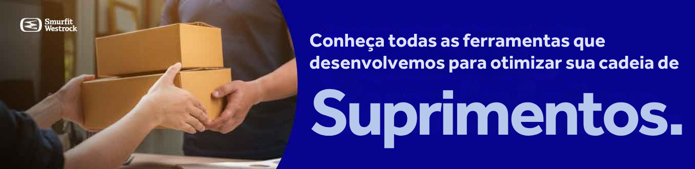 Entrega de caixas de papel entre pessoas, com mensagem sobre ferramentas para otimização da cadeia de suprimentos.
