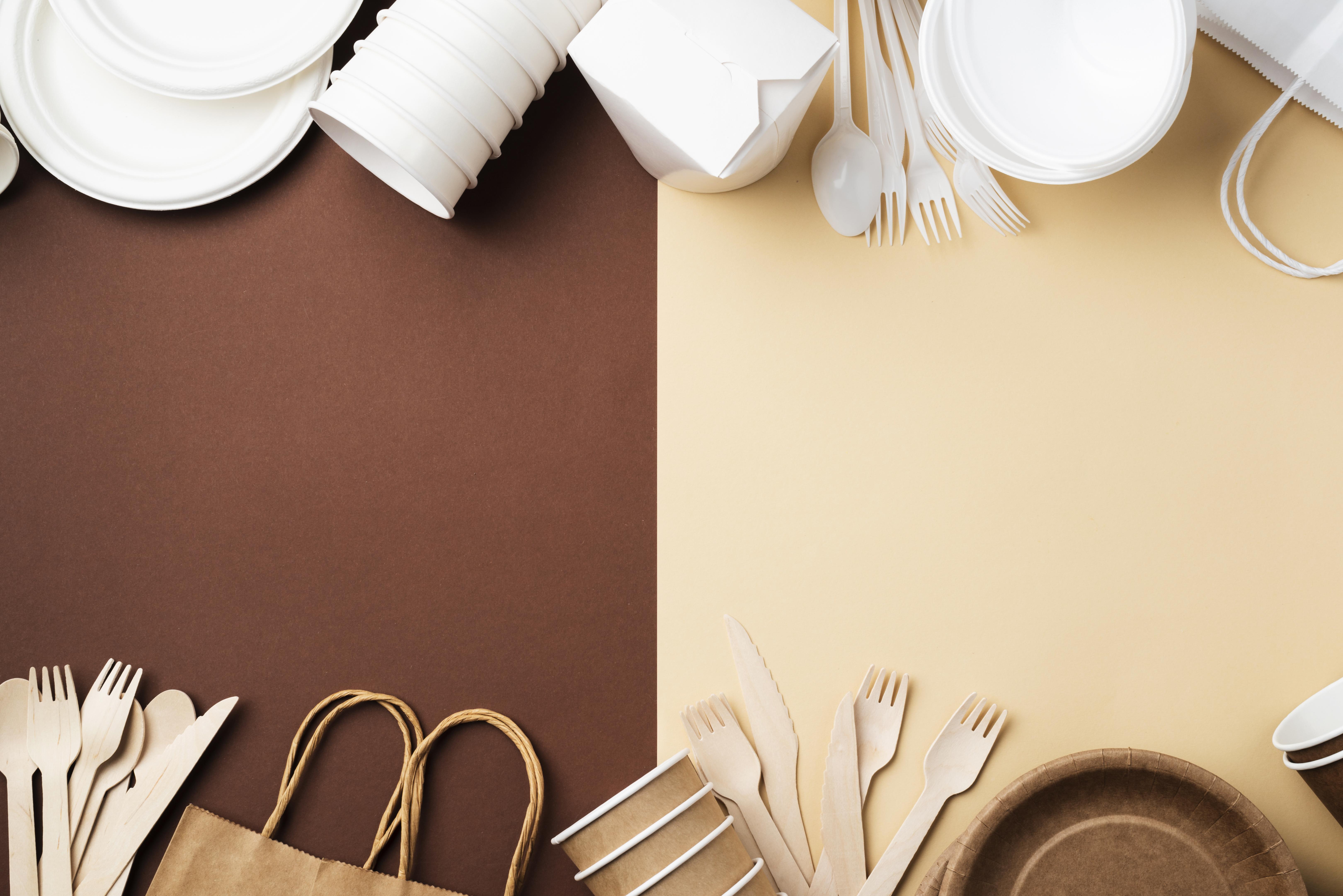 Conjunto de embalagens e utensílios descartáveis sustentáveis, incluindo copos, pratos, talheres e sacolas de papel, organizados sobre fundo neutro em composição que representa soluções ecológicas para food service e delivery