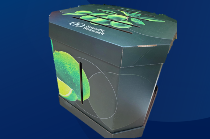 Caixa BIN de papelão da Smurfit Westrock, verde-escura com ilustração de limões, para armazenamento e transporte de limões.