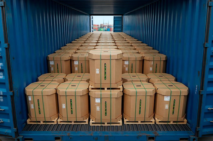 Contêiner carregado com caixas BIN de papelão sobre paletes, prontas para a exportação de limões.