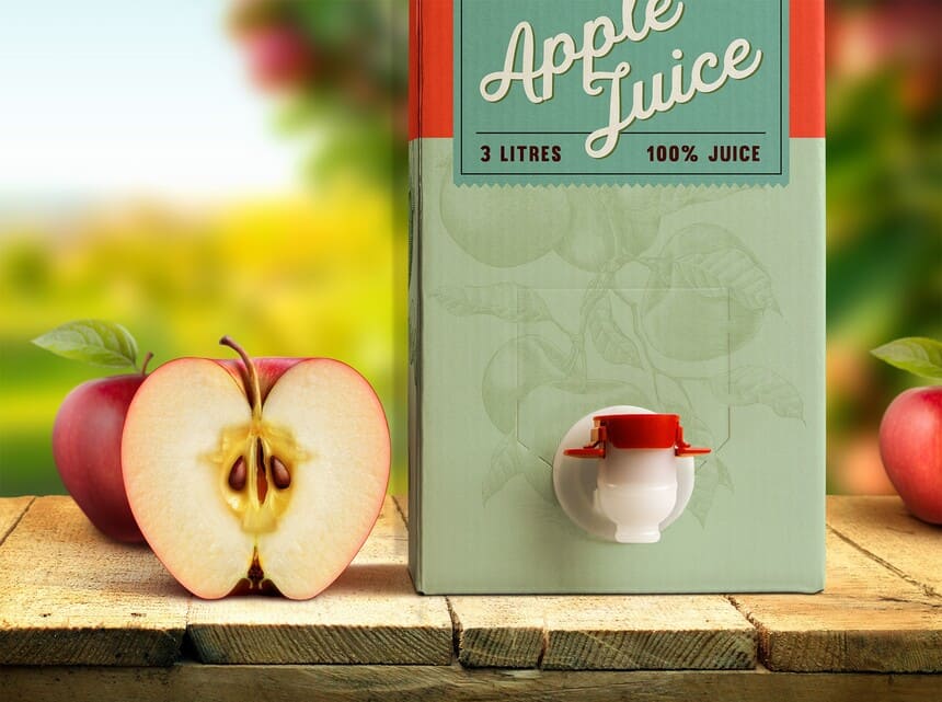 Emapque Bag-in-Box de 3 litros para jugo de manzana, con grifo dispensador y diseño gráfico colorido 