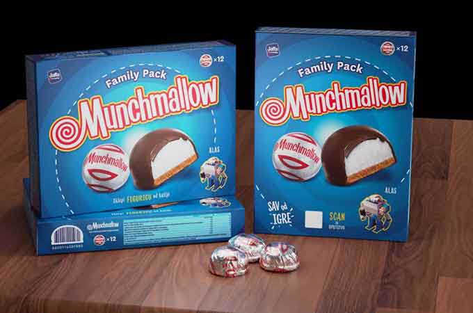 Diese kreative Lösung gestalteten wir für die Verpackung von Munchmallow, mit der ihr ein zweites Leben als Roboter ermöglicht wird