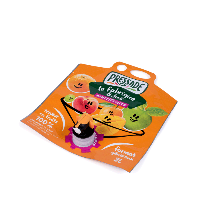 Emballage à plat, Pouch-Up, 3 litres, double soufflet, jus, multifruits, robinet, Vitop Original, aseptique