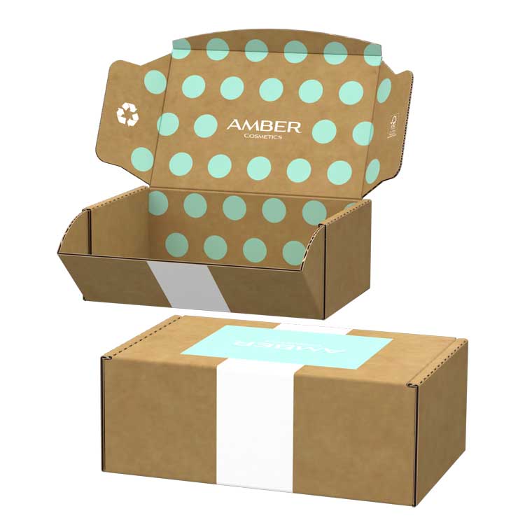 Emballage ecommerce FEFCO 27 ouvert et fermé pour l'expédition de produits d'hygiène et de beauté