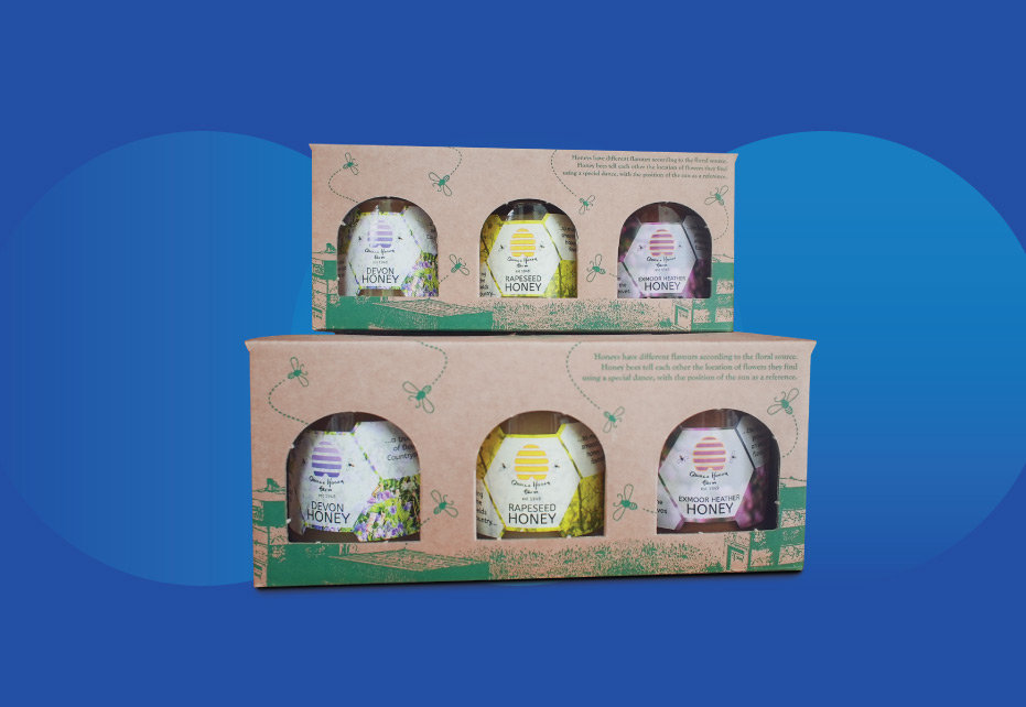 Honey jar gift box packaging for North devon honey producer