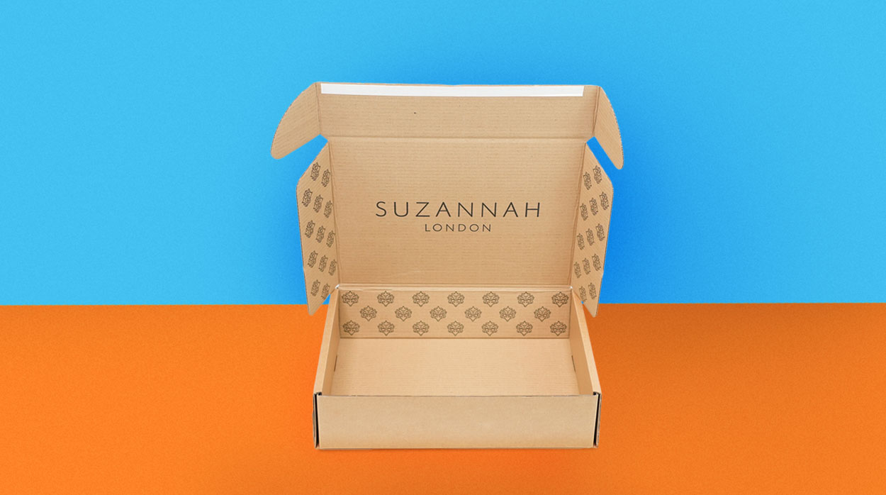 Water-resistant shipping packaging for luxury womenswear brand Suzannah London